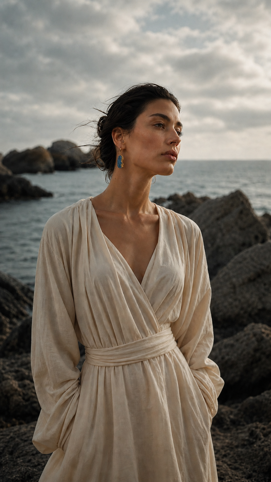 ZELIN ART porcelain jewelry worn in vertical editorial portrait