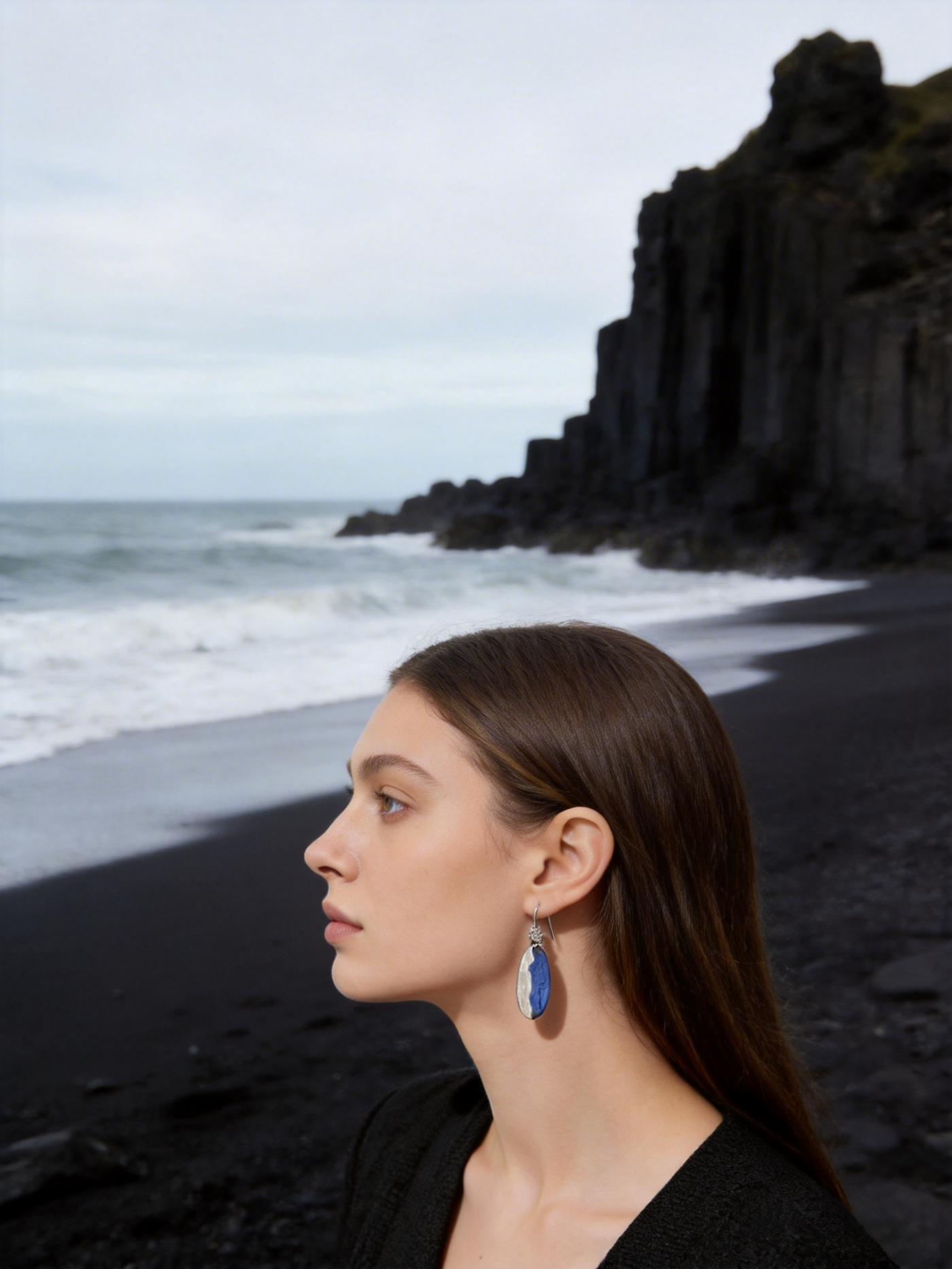 ZELIN ART Floral Movement porcelain jewelry worn in a soft floral editorial portrait